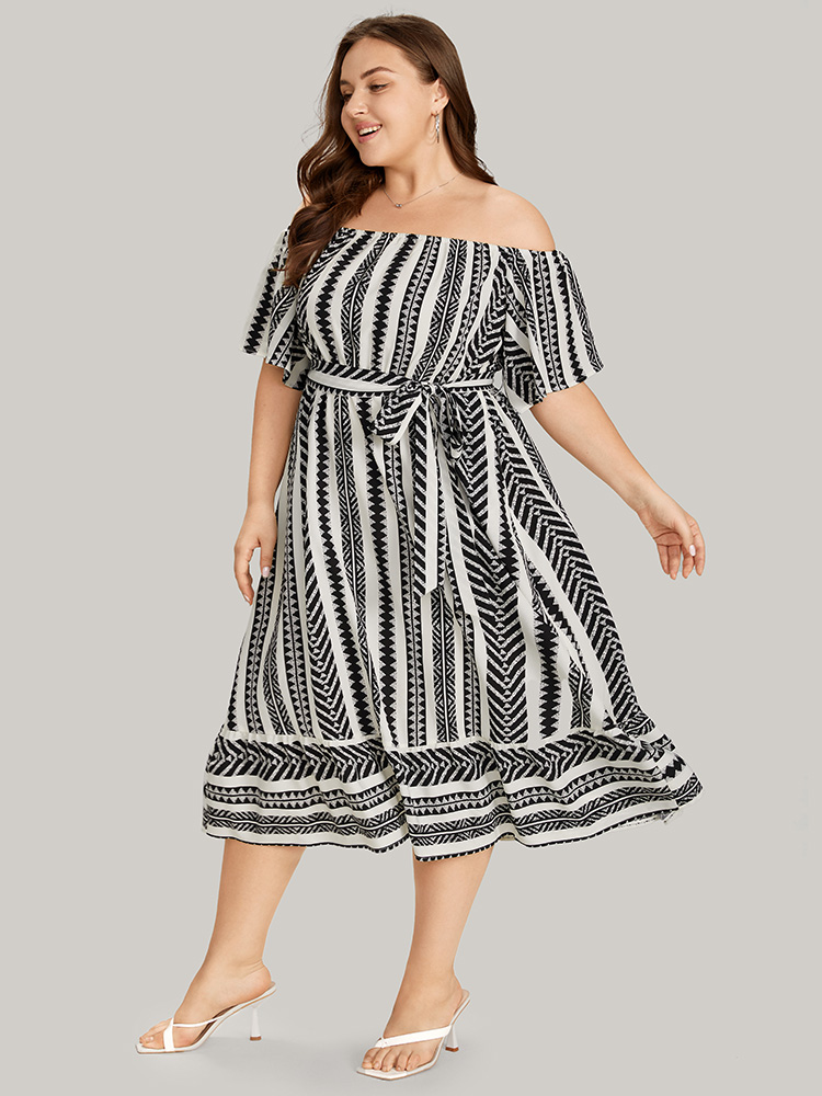 Plus Size Striped Off Shoulder Pocket Patchwork Belted Dress White Women Vacation Belted One-shoulder neck Short sleeve Curvy Midi Dress BloomChic 18-20/2X 