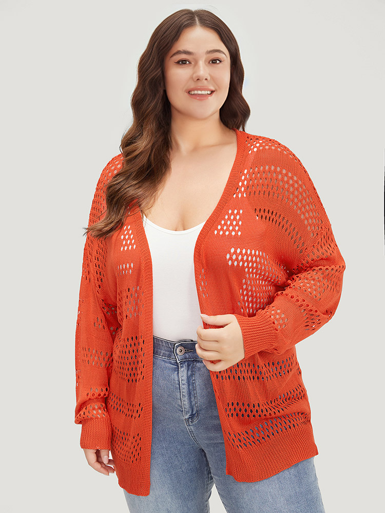 

Plus Size Plain Open Front Elastic Sleeve Cut Out Cardigan Scarlet Women Casual Loose Long Sleeve Everyday Cardigans BloomChic