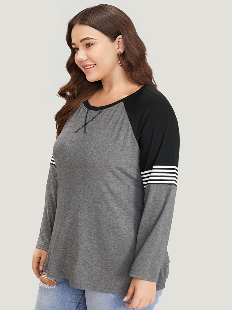 Plus Size Women Everyday Striped Raglan sleeve Long Sleeve Round Neck Casual T-shirts BloomChic 