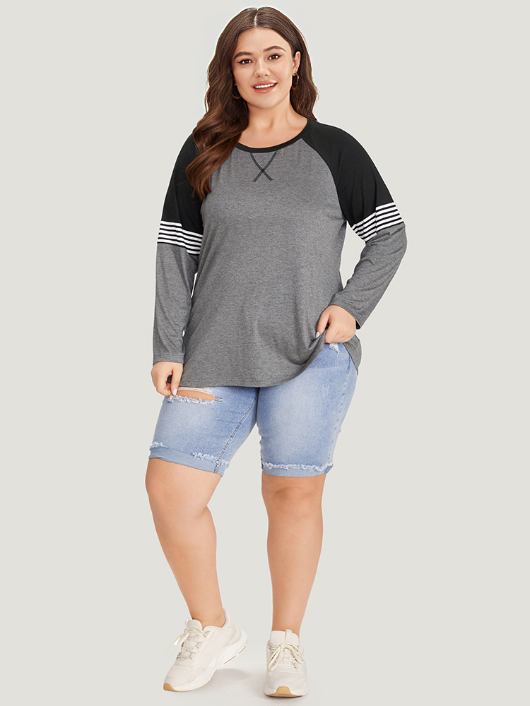 Plus Size Women Everyday Striped Raglan sleeve Long Sleeve Round Neck Casual T-shirts BloomChic 