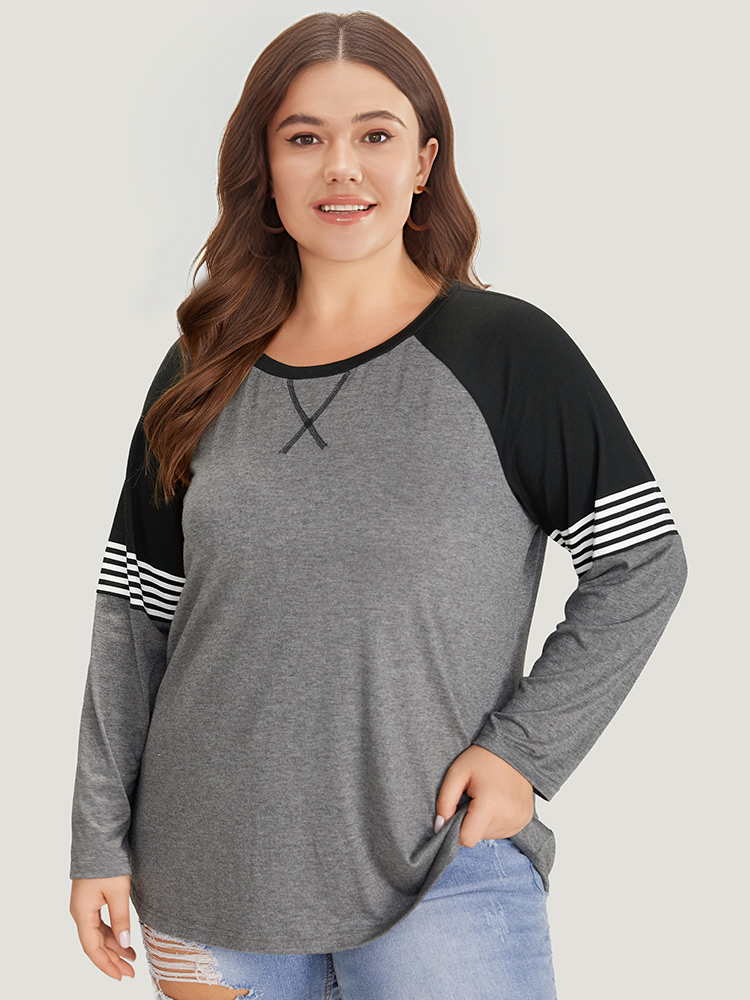Plus Size Women Everyday Striped Raglan sleeve Long Sleeve Round Neck Casual T-shirts BloomChic 