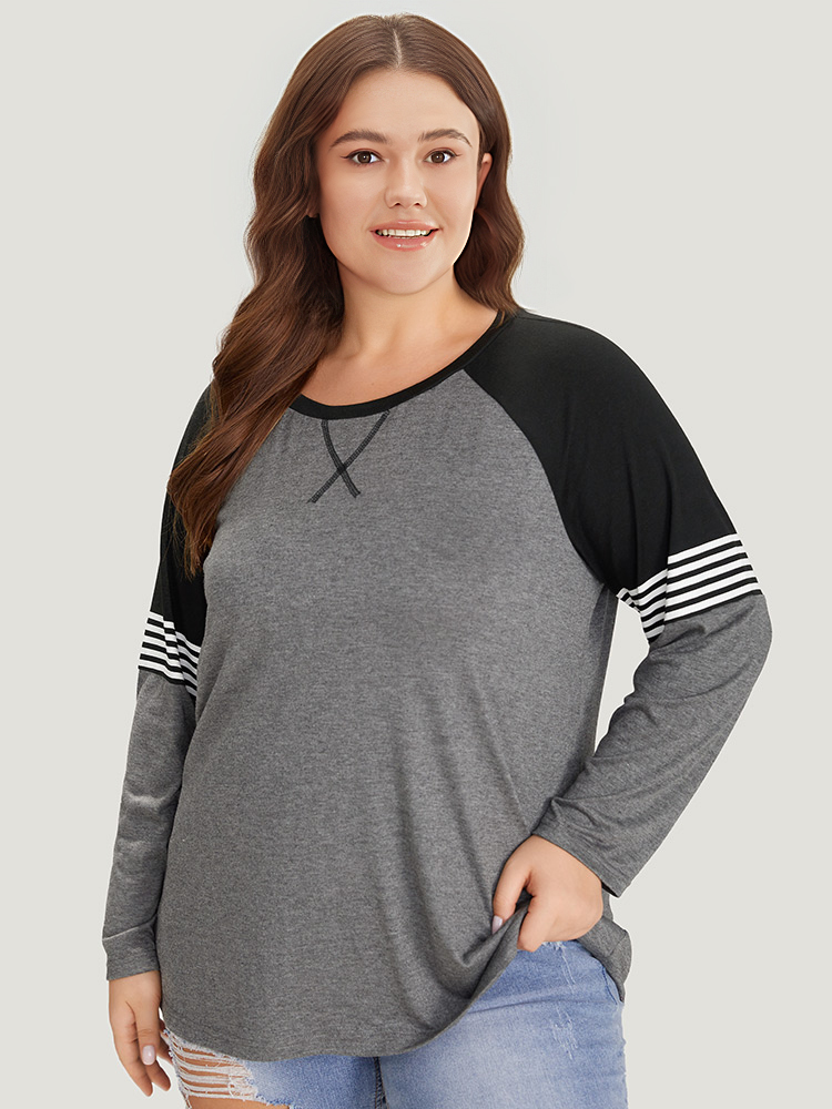 Plus Size Women Everyday Striped Raglan sleeve Long Sleeve Round Neck Casual T-shirts BloomChic 