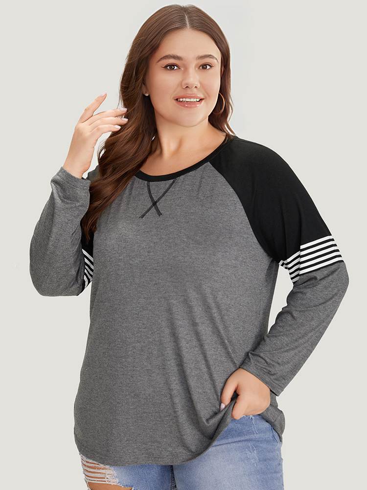 Plus Size Women Everyday Striped Raglan sleeve Long Sleeve Round Neck Casual T-shirts BloomChic 
