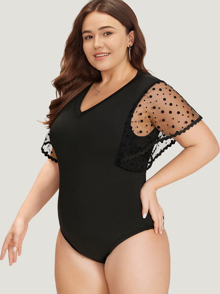 

Plus Size Contrast Lace Mesh Ruffle Sleeve V Neck Bodysuit Women Black Plain Lace Bodysuits BloomChic