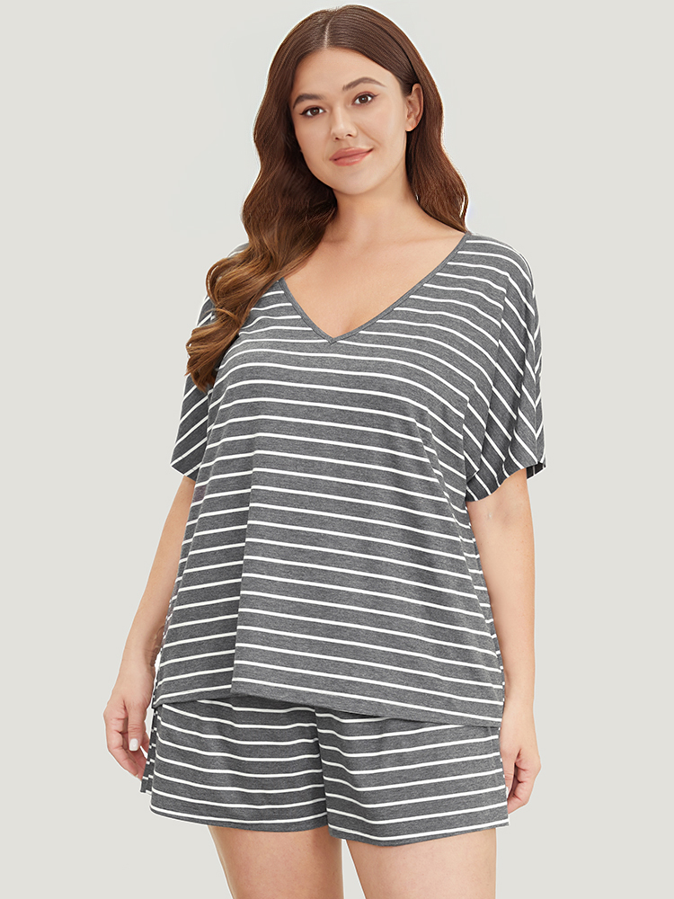 Striped Print Dolman Sleeve V Neck Sleep Top BloomChic 