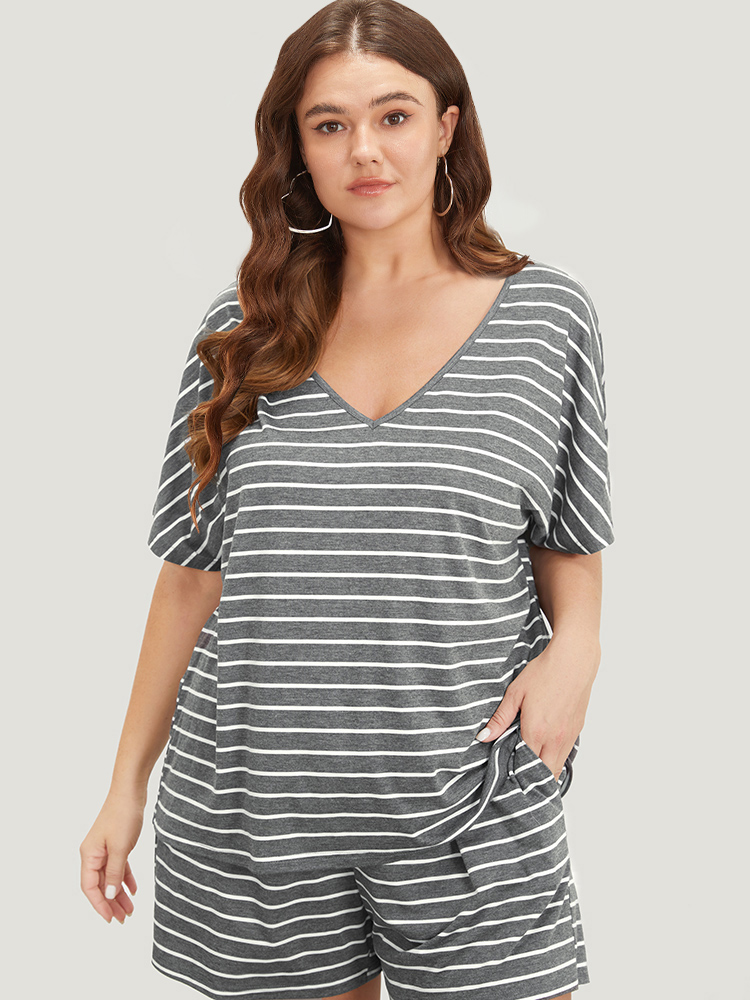 Striped Print Dolman Sleeve V Neck Sleep Top BloomChic 