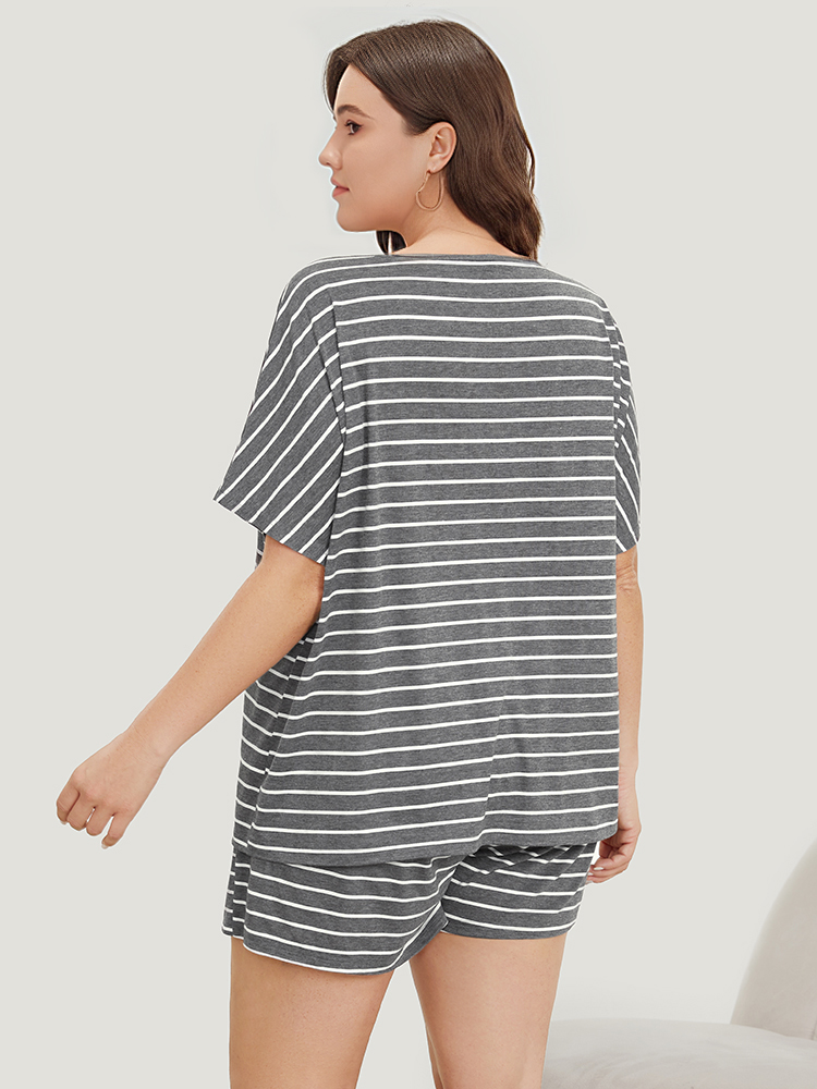 Striped Print Dolman Sleeve V Neck Sleep Top BloomChic 
