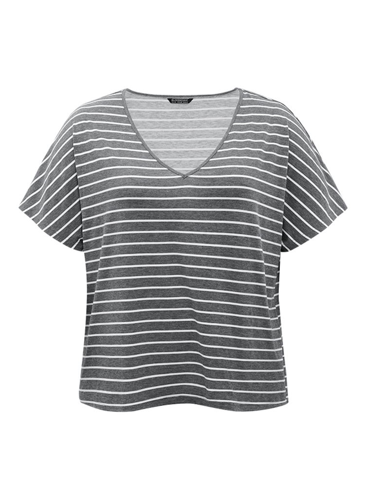 

Plus Size Striped Print Dolman Sleeve V Neck Sleep Top Gray Striped Short sleeve V-neck Casual  Bloomchic