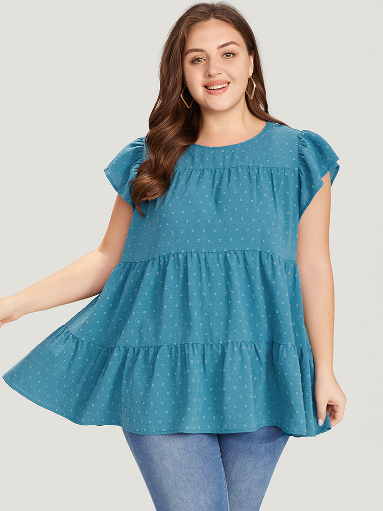 

Plus Size Cerulean Polka Dot Layered Flutter Cap Sleeve Blouse Women Elegant Sleeveless Round Neck Dailywear Blouses BloomChic