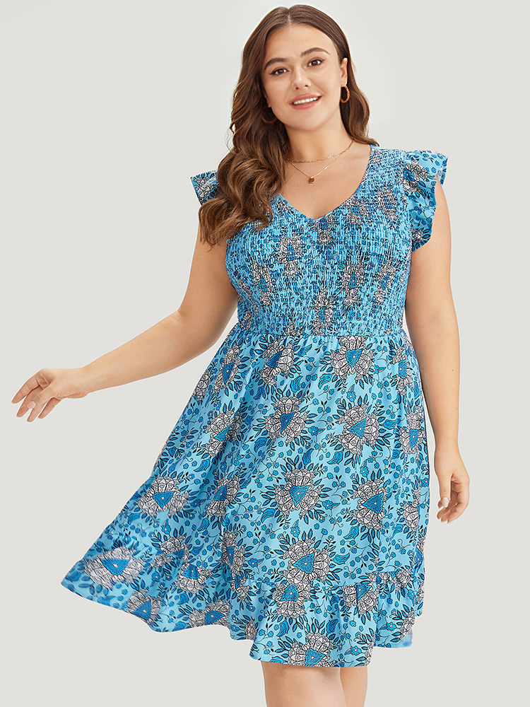 

Plus Size Floral Print Shirred Ruffle Cap Sleeve Layered Hem Dress Cerulean Women Elegant Shirred V-neck Cap Sleeve Curvy Knee Dress BloomChic