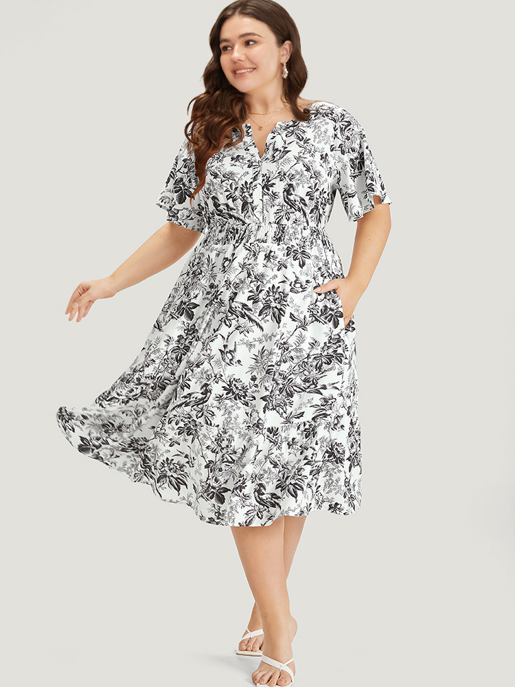 

Plus Size Silhouette Floral Print Shirred Notched Pocket Ruffles Dress Black Women Elegant Shirred Notched collar Short sleeve Curvy Midi Dress BloomChic