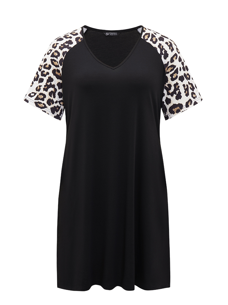 Leopard Print Patchwork Raglan Sleeve Sleep Dress BloomChic 