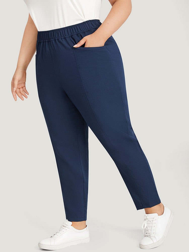 Plus Size Women Dailywear Plain Elastic Waist High Rise Pocket Casual Pants BloomChic 