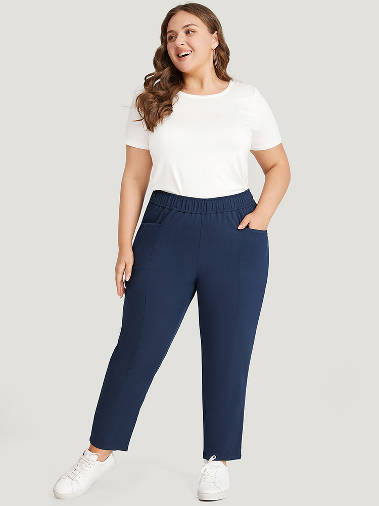 Plus Size Women Dailywear Plain Elastic Waist High Rise Pocket Casual Pants BloomChic 