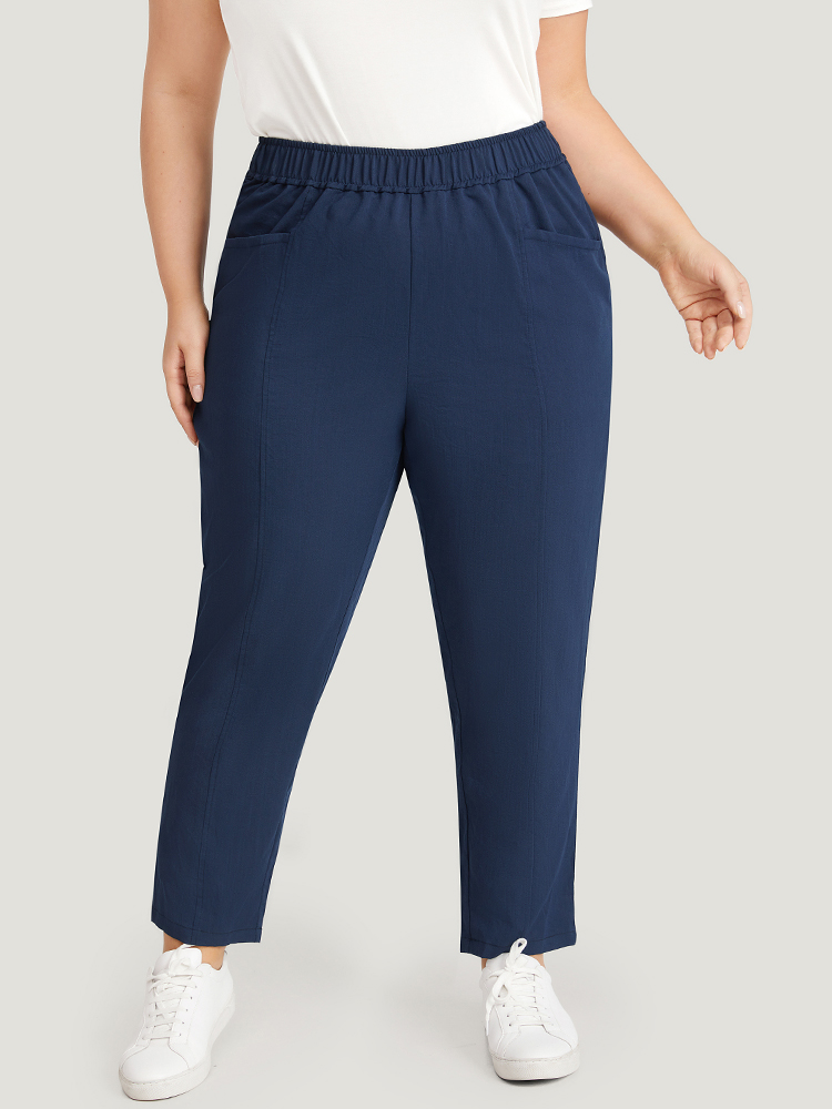 Plus Size Women Dailywear Plain Elastic Waist High Rise Pocket Casual Pants BloomChic 
