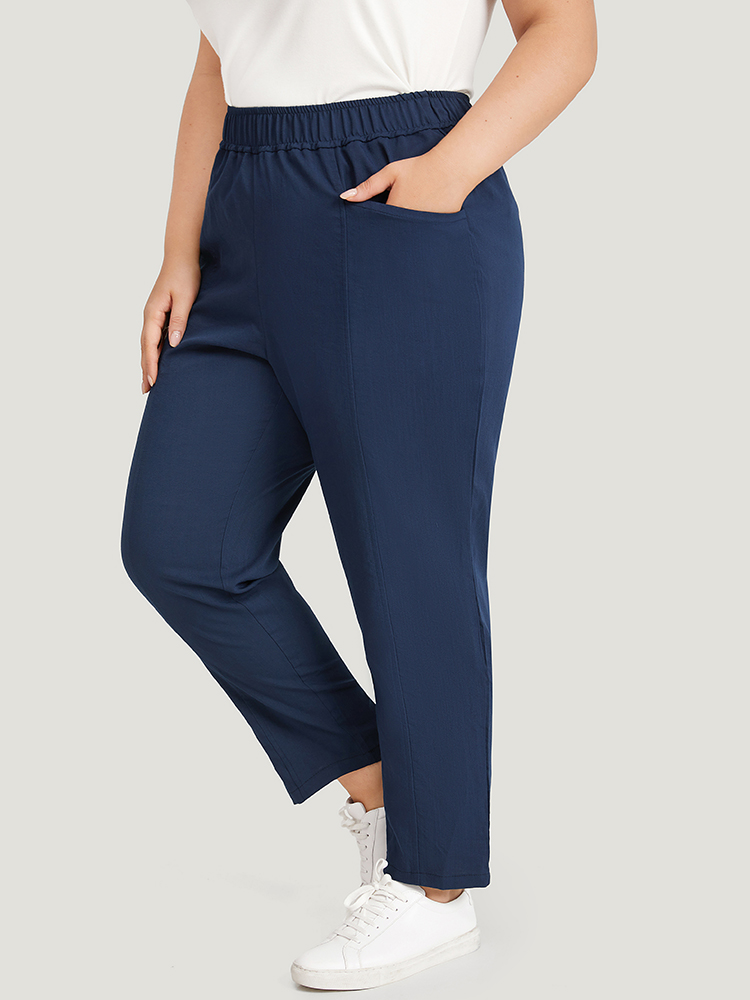 Plus Size Women Dailywear Plain Elastic Waist High Rise Pocket Casual Pants BloomChic 