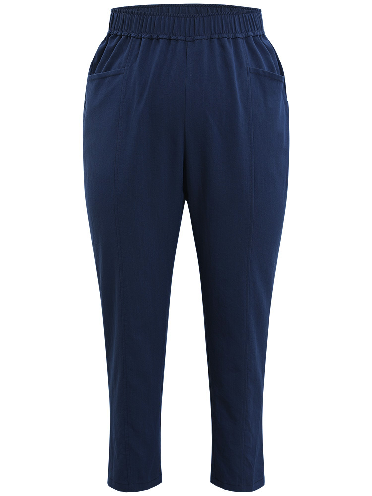 Plus Size Women Dailywear Plain Elastic Waist High Rise Pocket Casual Pants BloomChic 