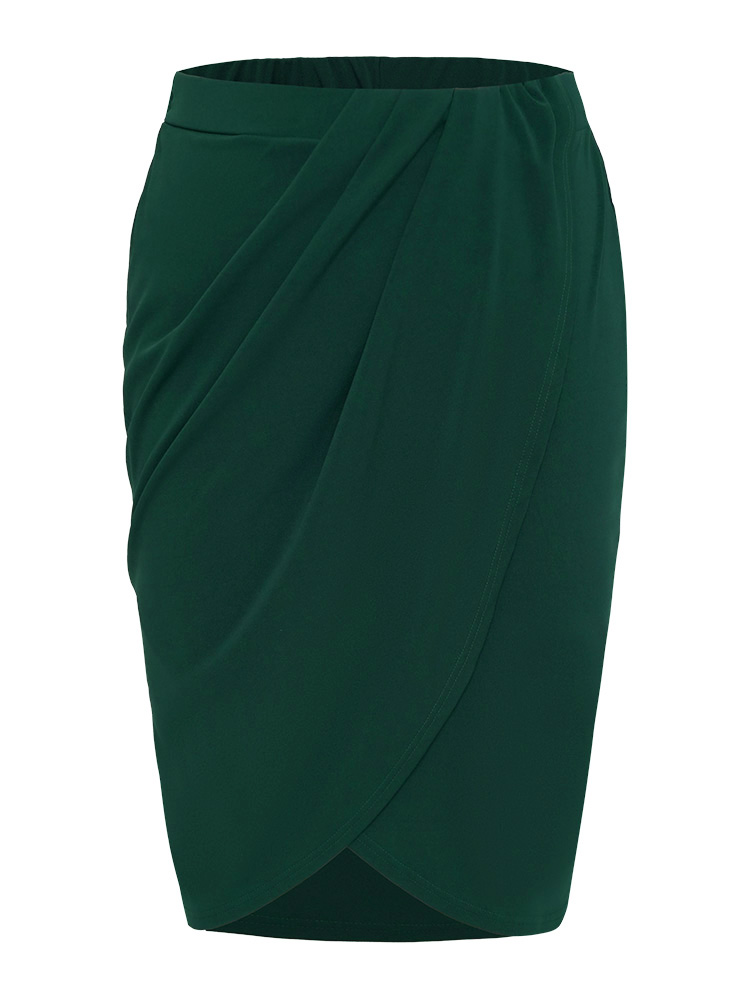 

Plus Size Solid Pleated Detail Wrap Hem Skirt Women DarkGreen Office Plain Bodycon No stretch Work Skirts BloomChic