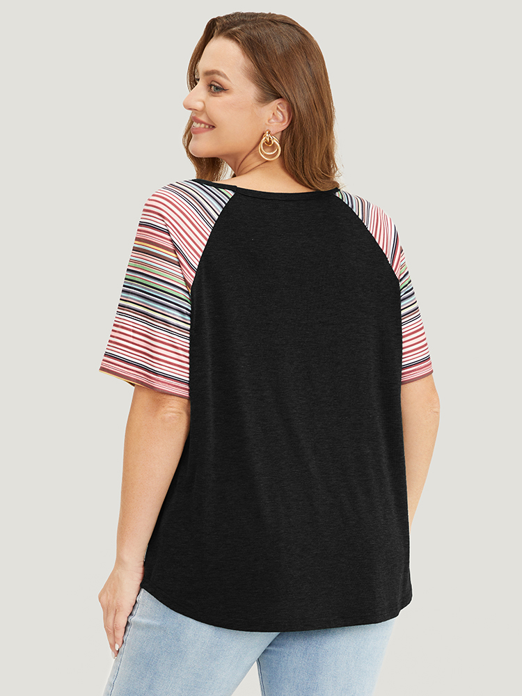Plus Size Supersoft Essentials Striped Contrast Raglan Sleeve Curved Hem T-shirt Black Women Casual Contrast Plain Round Neck Everyday T-shirts BloomChic 12/L 