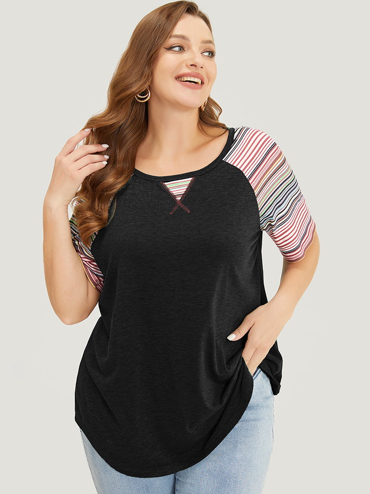 Plus Size Supersoft Essentials Striped Contrast Raglan Sleeve Curved Hem T-shirt Black Women Casual Contrast Plain Round Neck Everyday T-shirts BloomChic 12/L 