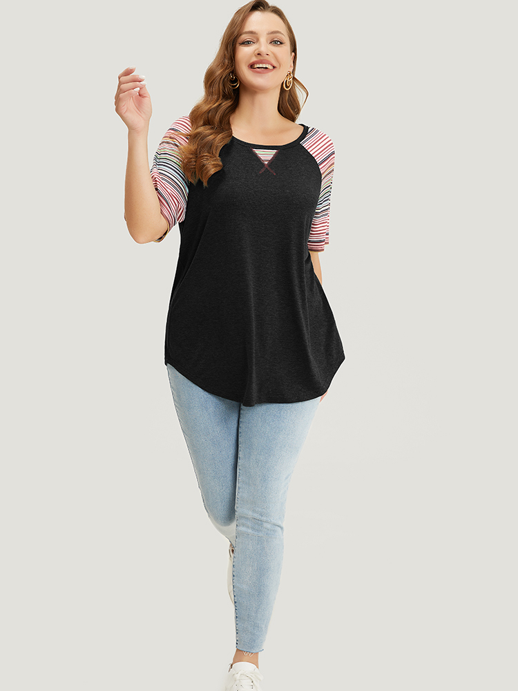 Plus Size Supersoft Essentials Striped Contrast Raglan Sleeve Curved Hem T-shirt Black Women Casual Contrast Plain Round Neck Everyday T-shirts BloomChic 12/L 