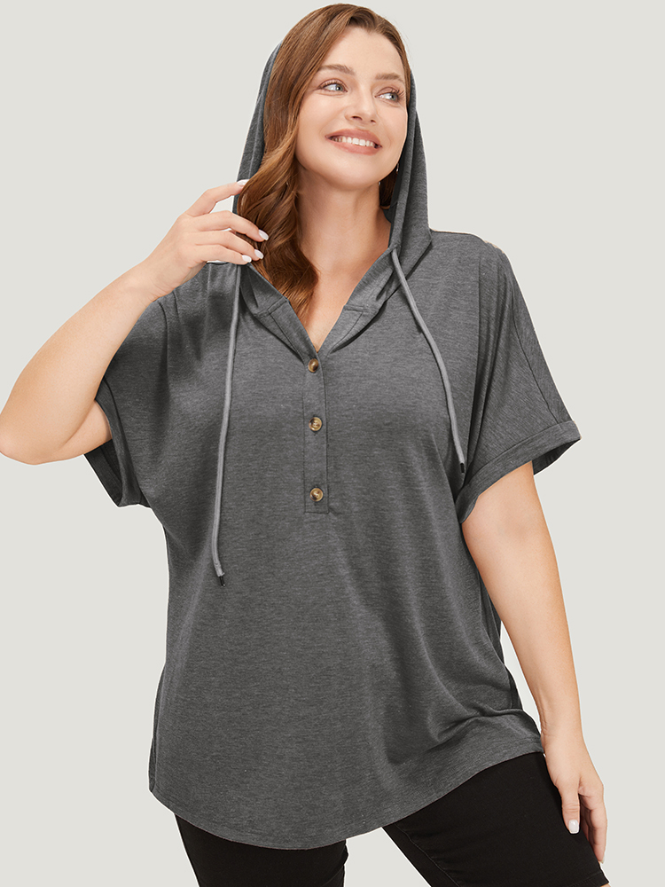 

Plus Size Plain Drawstring Roll Sleeve Button Up Hooded T-shirt DimGray Women Casual Drawstring Plain Hooded Everyday T-shirts BloomChic