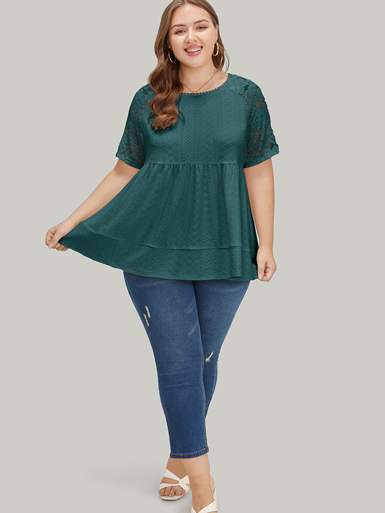 

Plus Size Plain Pompom Trim Lace Sleeve Broderie Anglaise T-shirt Cyan Women Elegant Texture Plain Round Neck Everyday T-shirts BloomChic