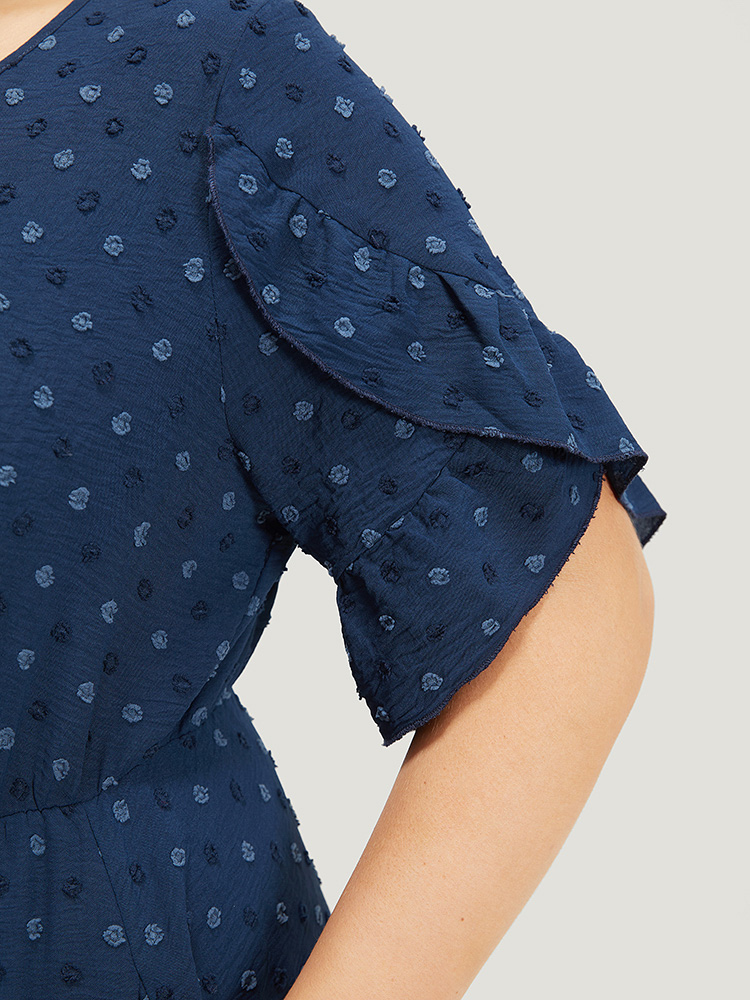 Plus Size Women Work Plain Cut-Out Ruffle Sleeve Short sleeve Round Neck Pocket Office Dresses BloomChic 