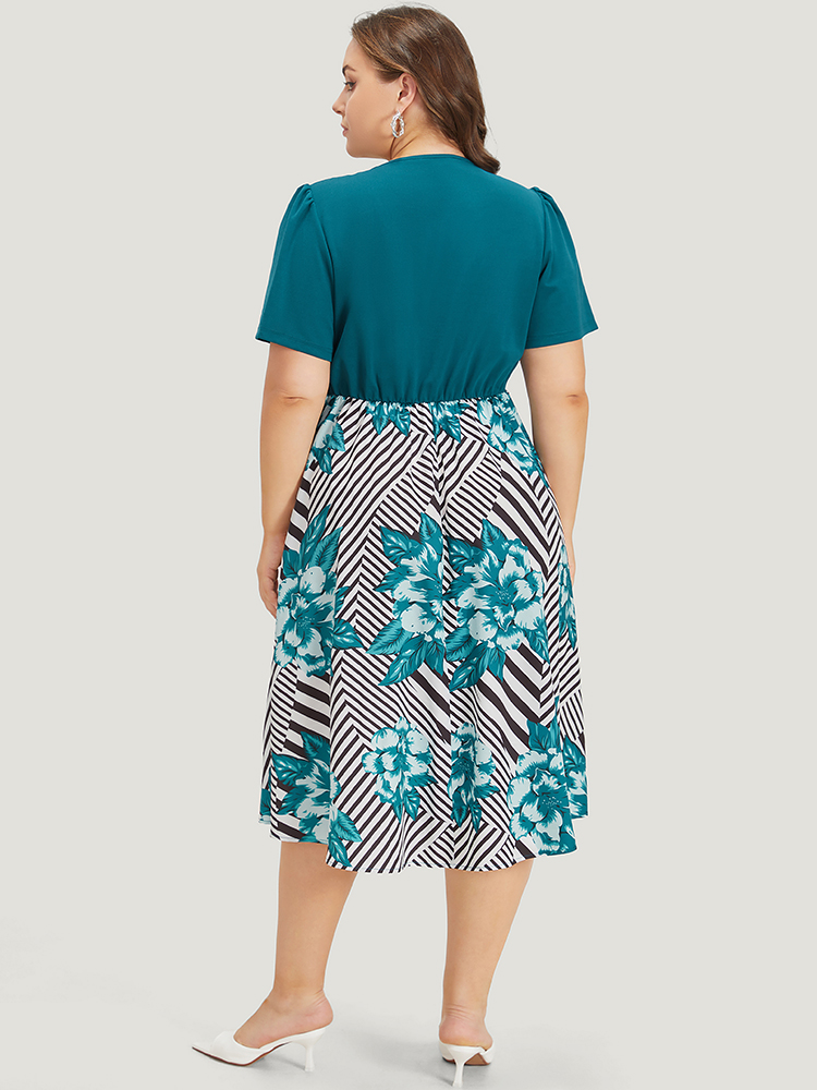 Plus Size Women Work Plain Patchwork Regular Sleeve Short sleeve V-neck Pocket Office Dresses BloomChic 