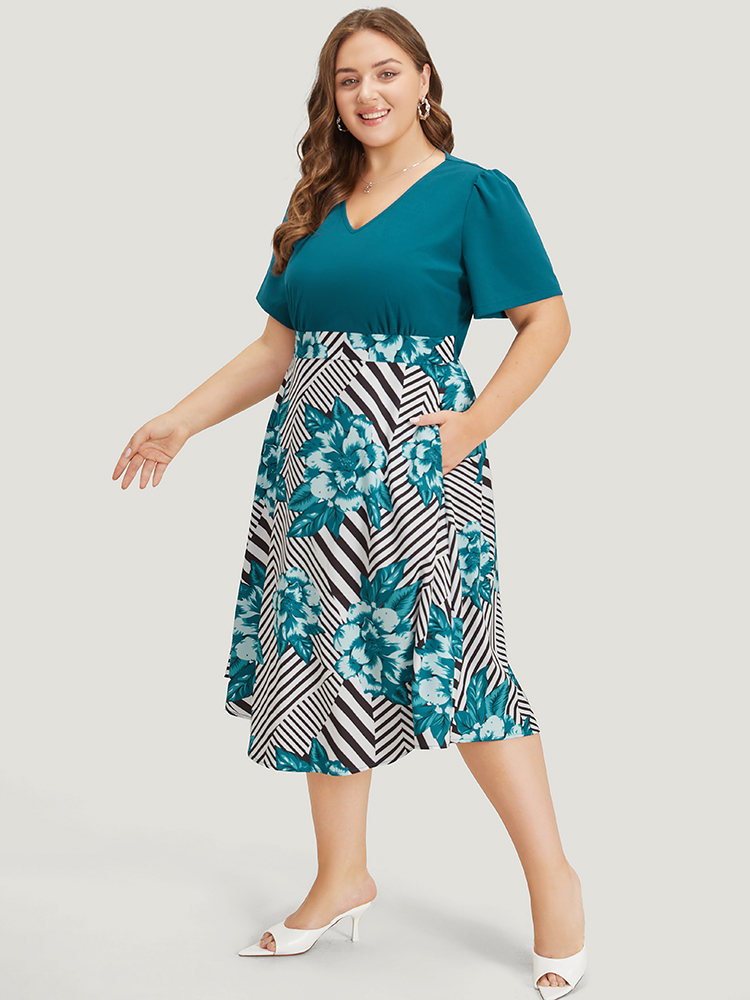 Plus Size Women Work Plain Patchwork Regular Sleeve Short sleeve V-neck Pocket Office Dresses BloomChic 