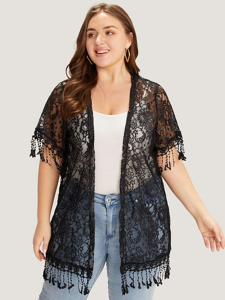 

Plus Size Solid Lace Fringe Trim Open Front Kimono Women Black Elegant Patchwork Dailywear Kimonos BloomChic