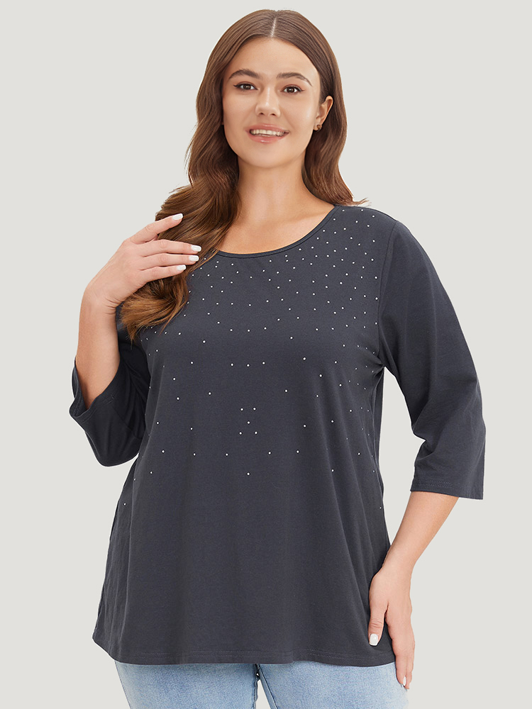 

Plus Size Solid Rhinestone Detail Crew Neck T-shirt Indigo Women Elegant Plain Round Neck Dailywear T-shirts BloomChic