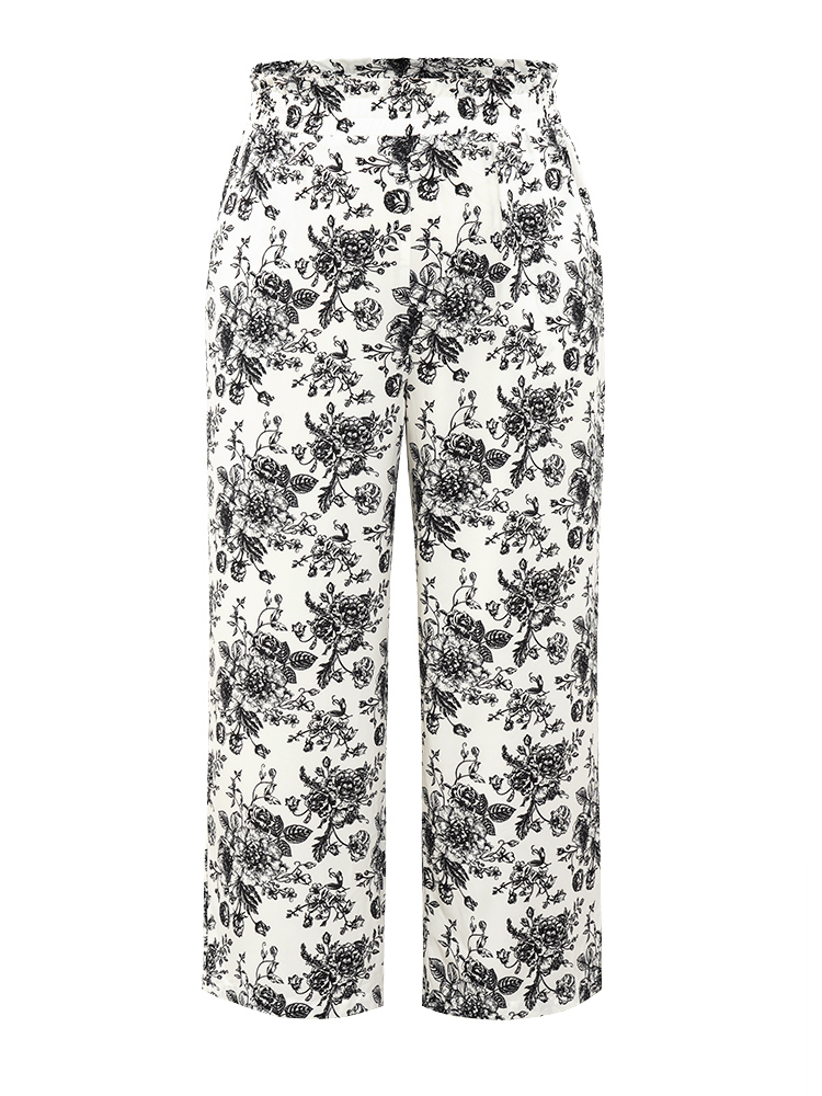 

Plus Size Floral Print Pocket Paperbag Waist Sleep Pants White Pocket Elegant Floral Sleep Bottoms  Bloomchic