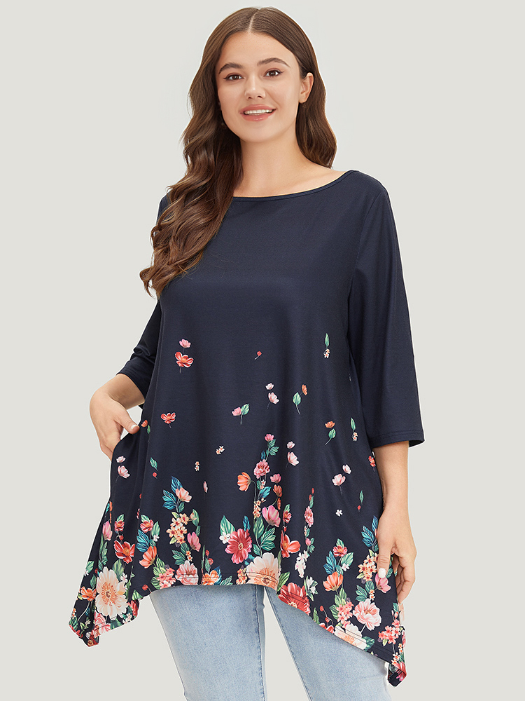 

Plus Size Floral Print Crew Neck Asymmetrical Hem T-shirt Midnight Round Neck Elbow-length sleeve Elegant Jersey Tops