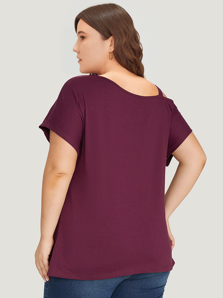 

Plus Size Metal Detail Twist Hem Asymmetrical One Shoulder T-shirt Burgundy Women Elegant Plain One Shoulder Dailywear T-shirts BloomChic
