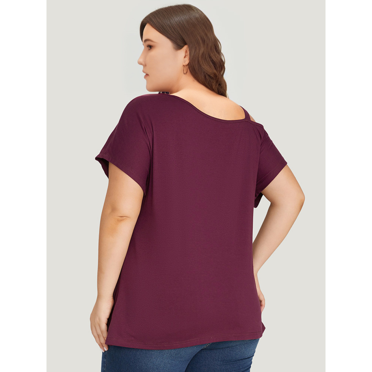 

Plus Size Metal Detail Twist Hem Asymmetrical One Shoulder T-shirt Burgundy Women Elegant Plain One Shoulder Dailywear T-shirts BloomChic