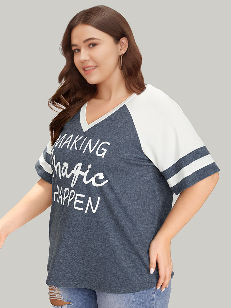 Plus Size Women Dailywear Letter Contrast Raglan sleeve Short sleeve V-neck Casual T-shirts BloomChic 