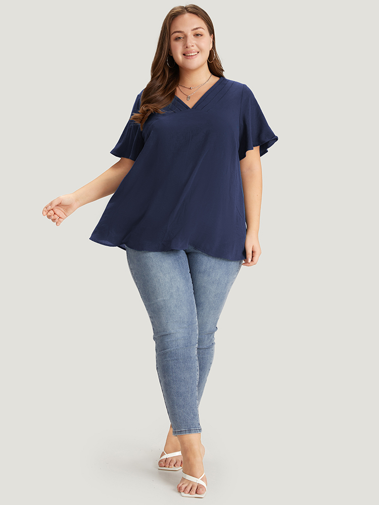 

Plus Size Indigo Solid Pleated V Neck Blouse Women Office Short sleeve V-neck Dailywear Blouses BloomChic