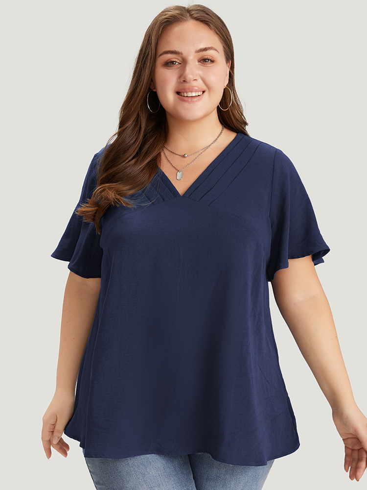 

Plus Size Indigo Solid Pleated V Neck Blouse Women Office Short sleeve V-neck Dailywear Blouses BloomChic