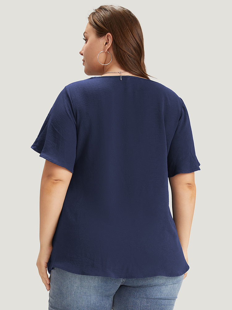 Plus Size Indigo Solid Pleated V Neck Blouse Women Office Short sleeve V-neck Dailywear Blouses BloomChic 12/L 