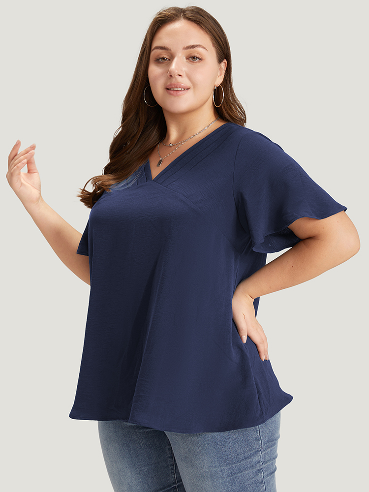Plus Size Indigo Solid Pleated V Neck Blouse Women Office Short sleeve V-neck Dailywear Blouses BloomChic 12/L 