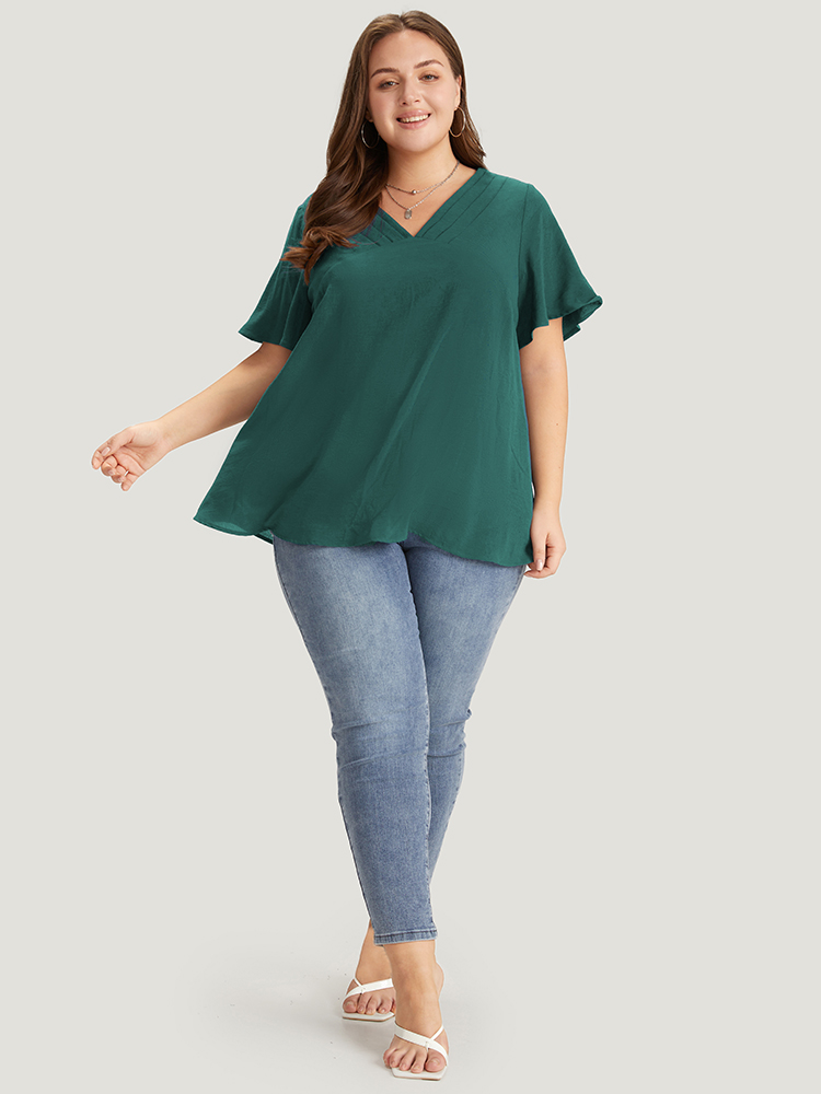 

Plus Size Emerald Solid Pleated V Neck Blouse Women Office Short sleeve V-neck Dailywear Blouses BloomChic