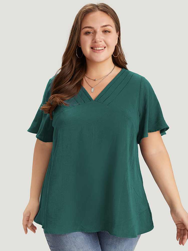 Plus Size Emerald Solid Pleated V Neck Blouse Women Office Short sleeve V-neck Dailywear Blouses BloomChic 10/M 