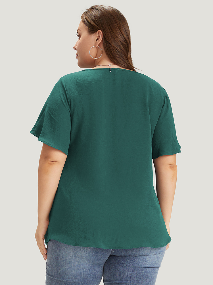 Plus Size Emerald Solid Pleated V Neck Blouse Women Office Short sleeve V-neck Dailywear Blouses BloomChic 10/M 