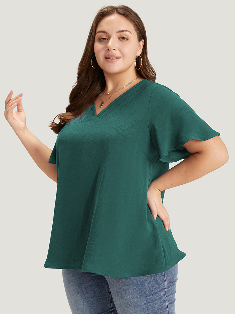 Plus Size Emerald Solid Pleated V Neck Blouse Women Office Short sleeve V-neck Dailywear Blouses BloomChic 10/M 
