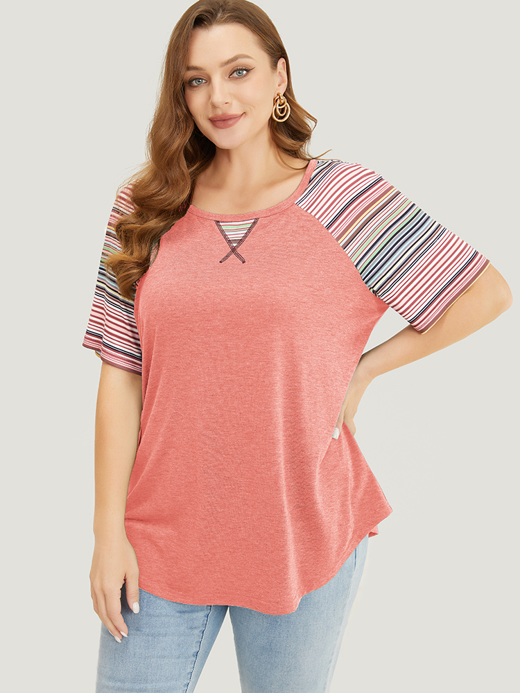 

Plus Size Supersoft Essentials Striped Contrast Raglan Sleeve Curved Hem T-shirt Coral Women Casual Contrast Plain Round Neck Everyday T-shirts BloomChic