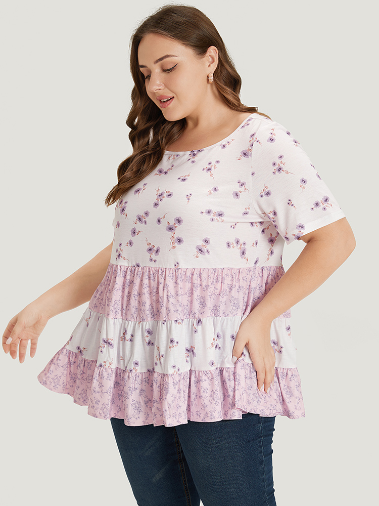 

Plus Size Ditsy Floral Contrast Ruffle Tiered T-shirt Lilac Women Elegant Tiered Ditsy Floral Round Neck Dailywear T-shirts BloomChic