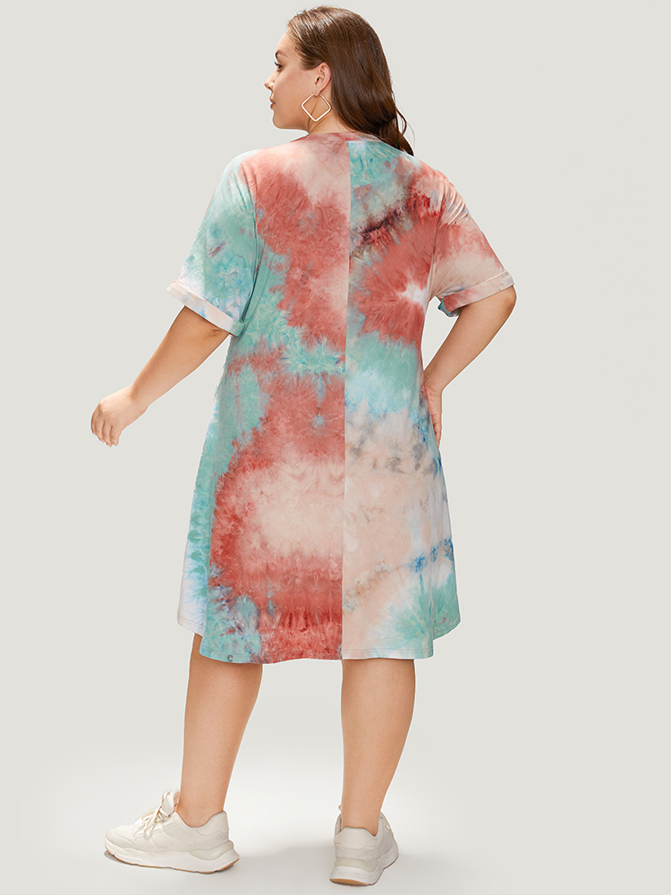 Plus Size Letter Print Pocket Tie Dye Cuffed Sleeve Dress Multicolor Women Casual Printed Curvy Midi Dress BloomChic 22-24/3X 