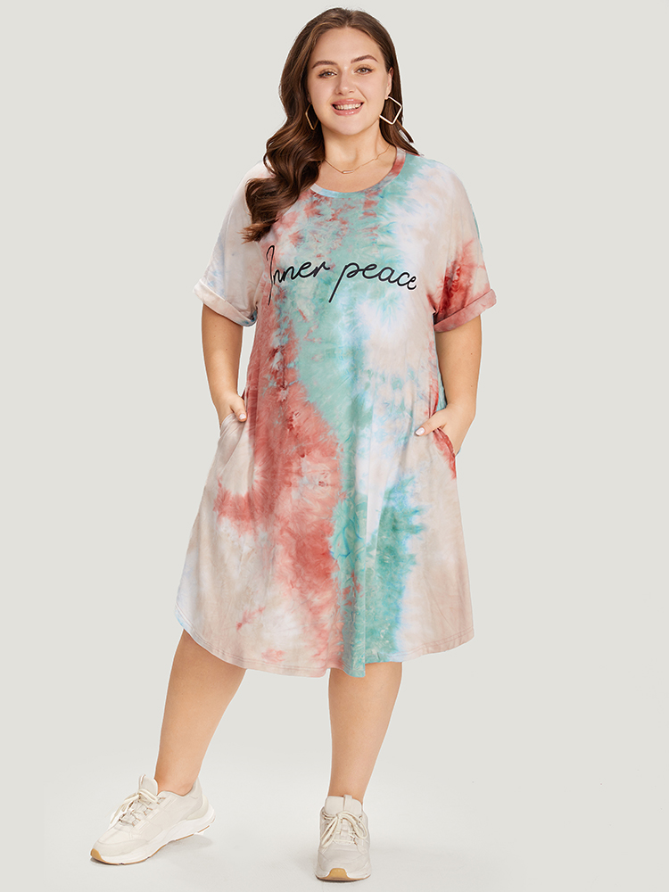 Plus Size Letter Print Pocket Tie Dye Cuffed Sleeve Dress Multicolor Women Casual Printed Curvy Midi Dress BloomChic 22-24/3X 
