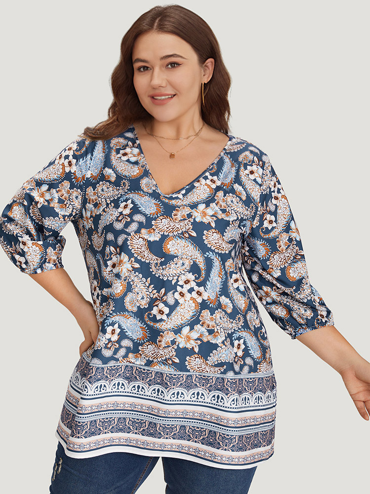 

Plus Size Multicolor Paisley Print Patchwork V Neck Blouse Women Vacation Elbow-length sleeve V-neck Dailywear Blouses BloomChic